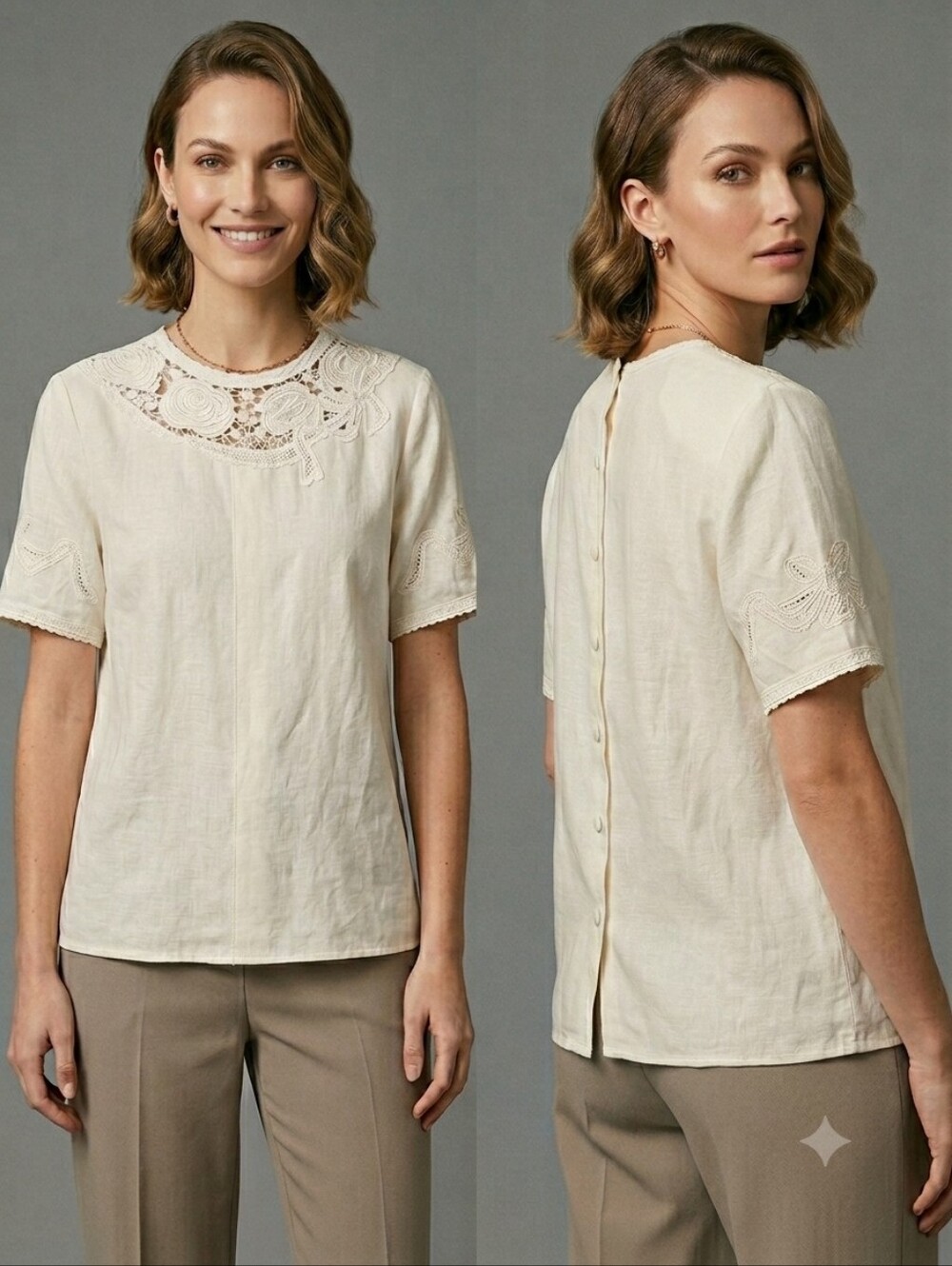 Vintage Regina Porter 100% Linen Lace Cutwork Blouse Size 6 Button Back Cream